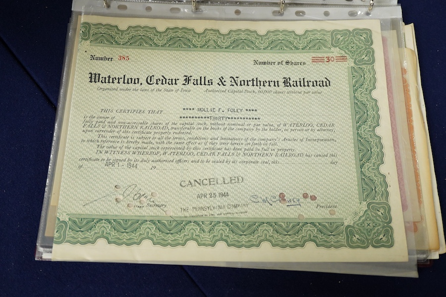 An album of mainly early to mid 20th century railway, bank and engineering share certificates, companies including; Norfolk Estuary Company, Martin’s bank Limited, the Waterloo, Cedar Falls & Northern Railroad, the St. L
